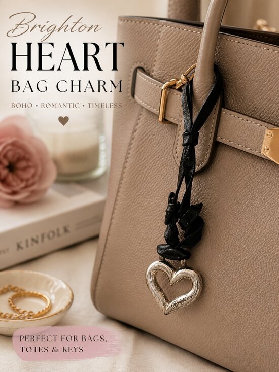 Brighton Handbags - Brighton Heart Bag Charm Silver Tone Pendant Black Leather Boho Keychain